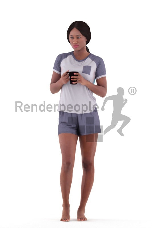 Posed 3D People model for visualization – black woman in summer sleepwear, standing with a mug