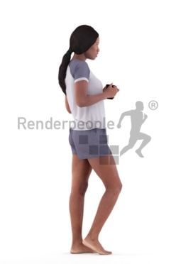 Posed 3D People model for visualization – black woman in summer sleepwear, standing with a mug