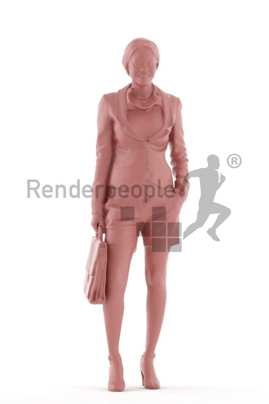 Photorealistic 3D People model by Renderpeople – black woman in smart casual look, standing with a business bag
