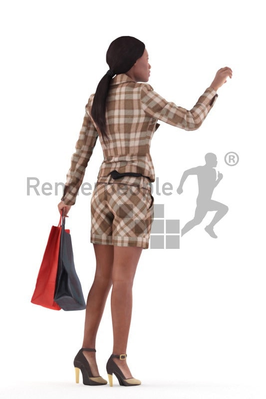 Photorealistic 3D People model by Renderpeople – black woman in smart casual look, walking in the mall and looking for something