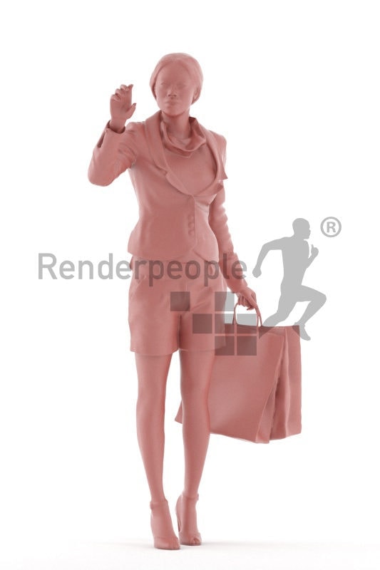 Photorealistic 3D People model by Renderpeople – black woman in smart casual look, walking in the mall and looking for something