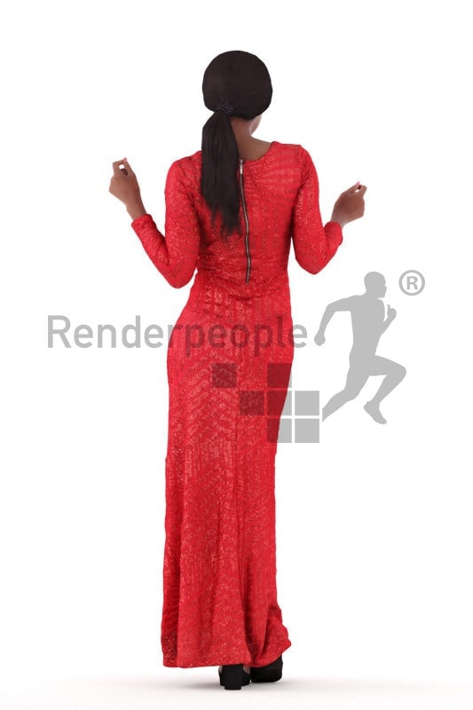 Posed 3D People model for renderings – black woman in long red event dress, dancing