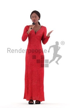 Posed 3D People model by Renderpeople – black female standing in an event dress, moderating an event