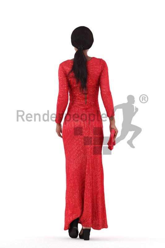 Posed 3D People model by Renderpeople – black female walking in an event dress, holding a clutch