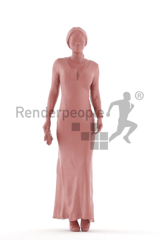 Posed 3D People model by Renderpeople – black female walking in an event dress, holding a clutch