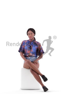 Posed 3D People model for visualization – black woman in casual summer outfit , sitting