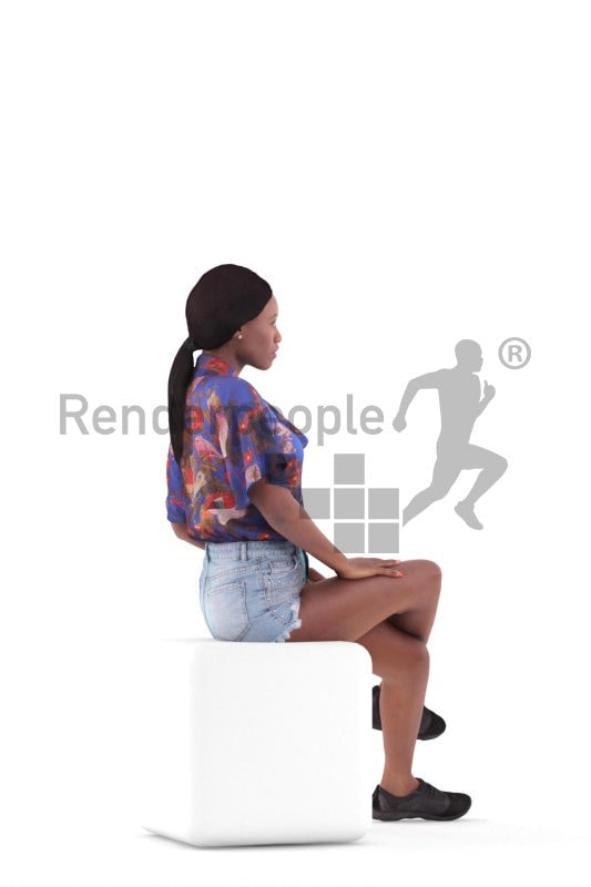 Posed 3D People model for visualization – black woman in casual summer outfit , sitting