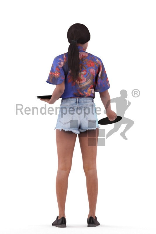 Posed 3D People model for visualization – black woman in casual summer outfit preparing the table