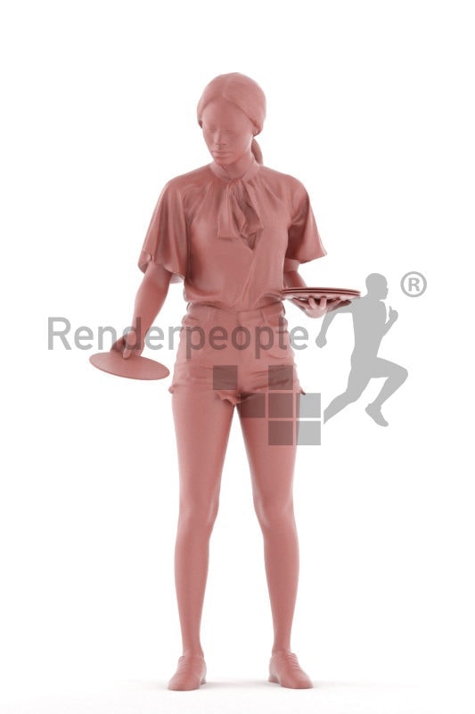 Posed 3D People model for visualization – black woman in casual summer outfit preparing the table