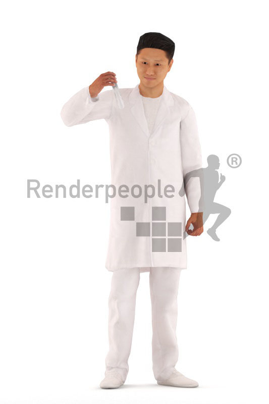 3d people medical, 3d asian man, standing and holding a test tube