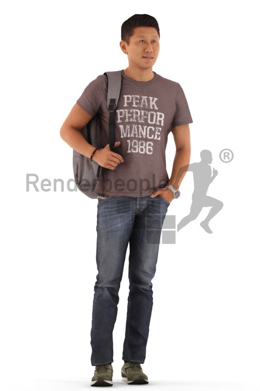 3d people casual, asian 3d man standing and waiting