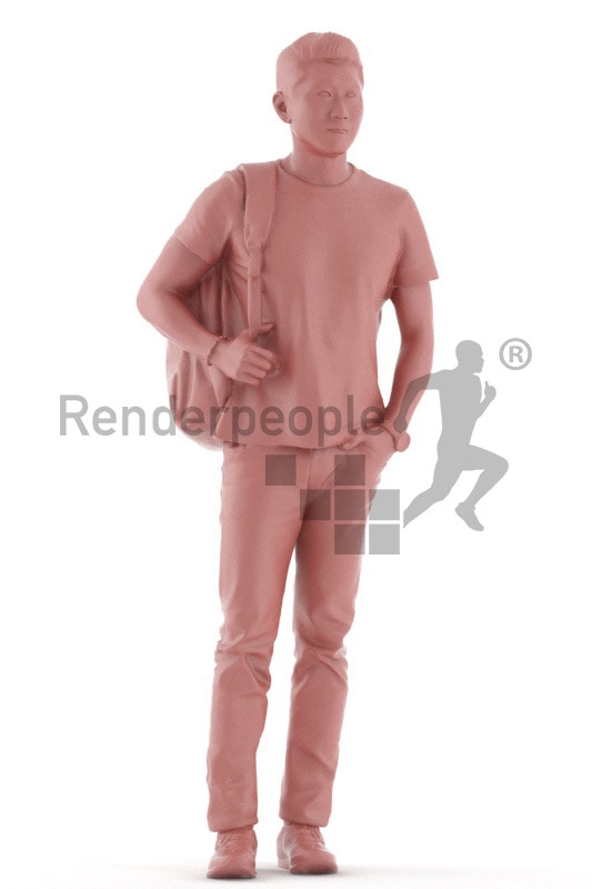 3d people casual, asian 3d man standing and waiting