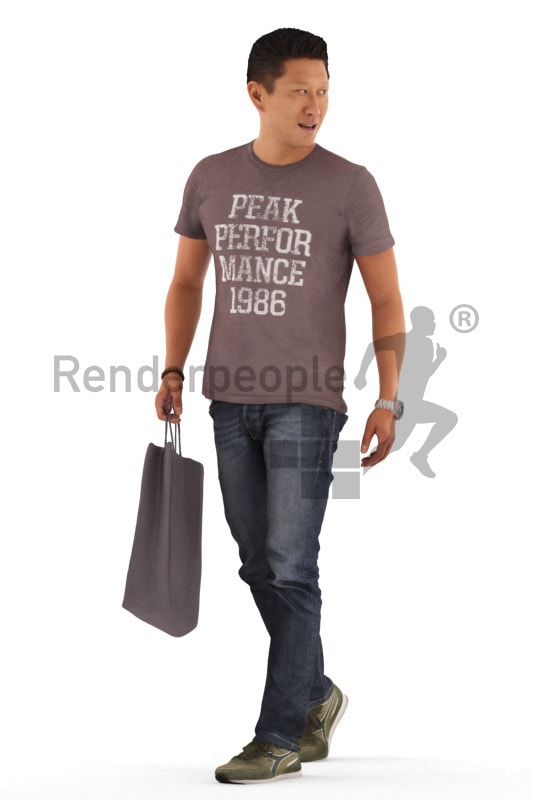 3d people casual, asian 3d man walking with a shopping bag