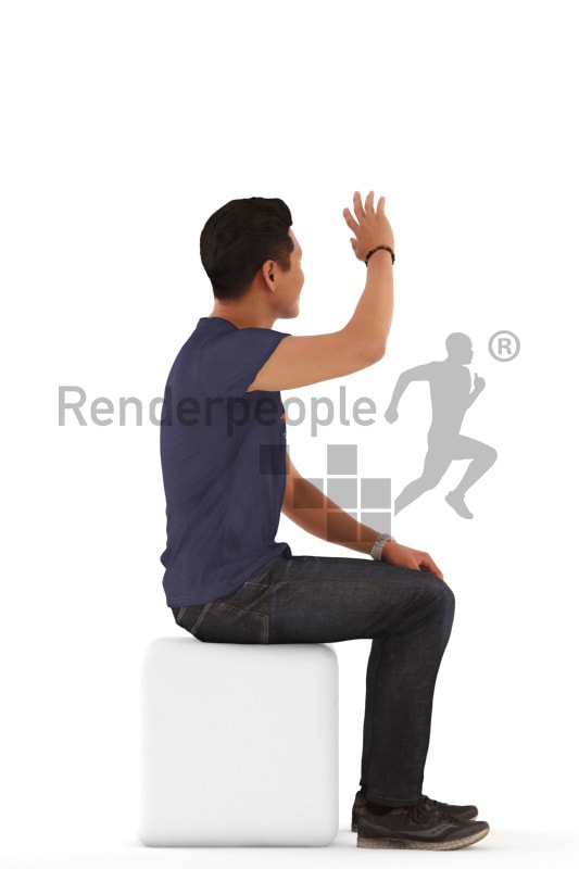 3d people casual, asian 3d man sitting and waving