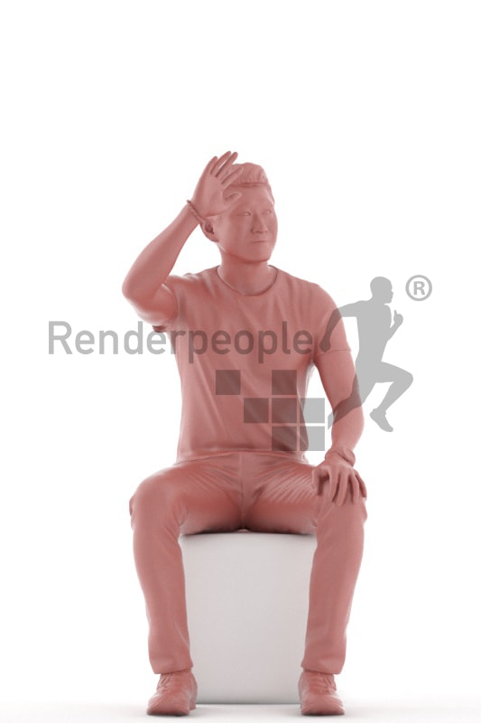 3d people casual, asian 3d man sitting and waving