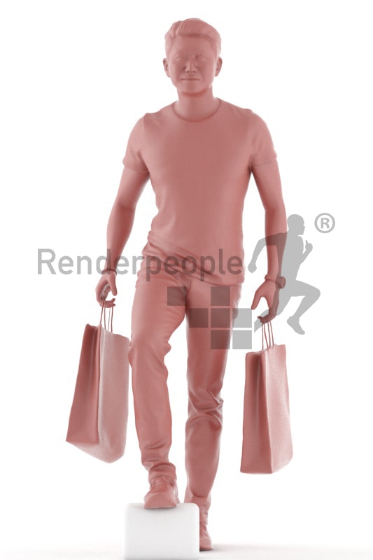 3d people casual, asian 3d man walking and carrying shopping bags