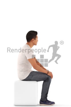 3d people casual, asian 3d man sitting and waiting