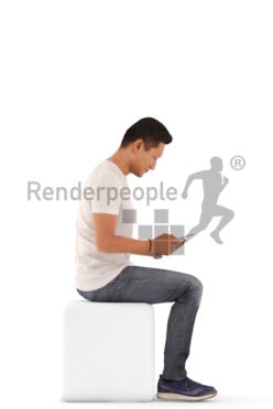 3d people casual, asian 3d man sitting and looking at his tablet computer