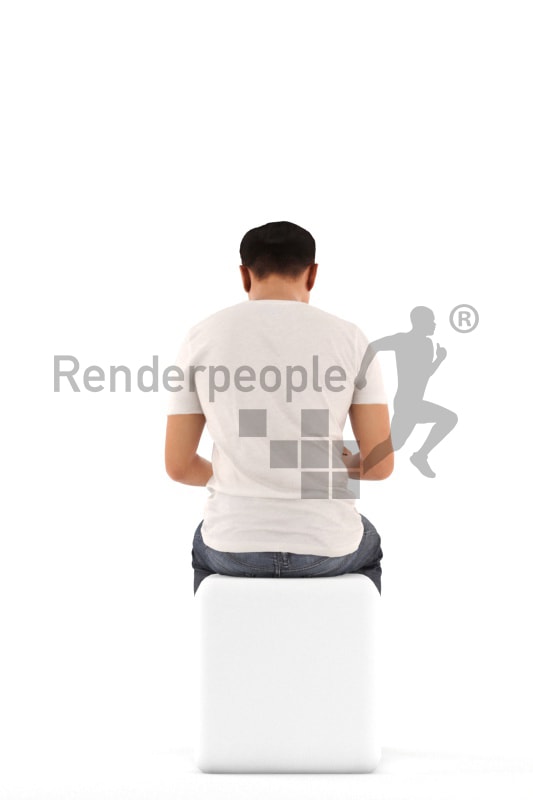 3d people casual, asian 3d man sitting and looking at his tablet computer