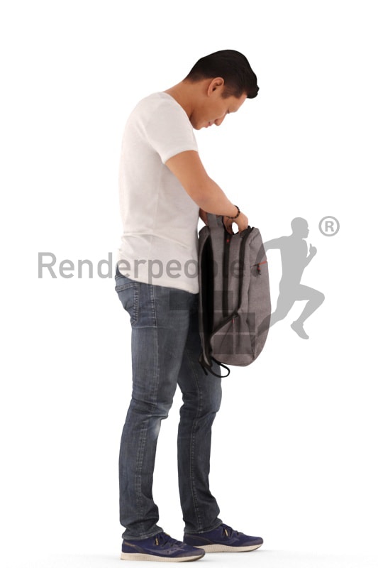 3d people casual, asian 3d man standing and searching in his bag