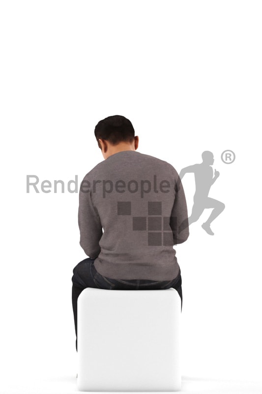 3d people casual, asian 3d man sitting and typing on his smartphone
