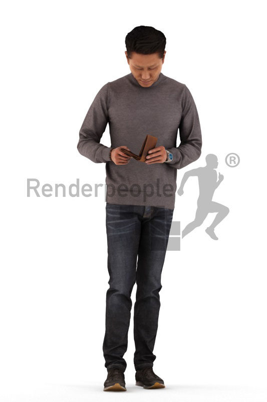 3D People model for 3ds Max and Cinema 4D – asian man in casual clothes, looking into his wallet