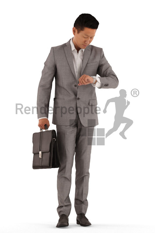 3d people business, asian 3d man standing and checking the time