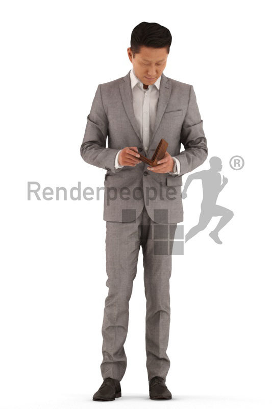3d people business, asian 3d man standing and looking into purse