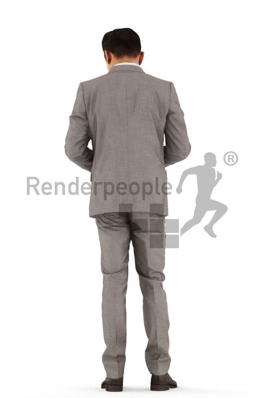 3d people business, asian 3d man standing and looking into purse