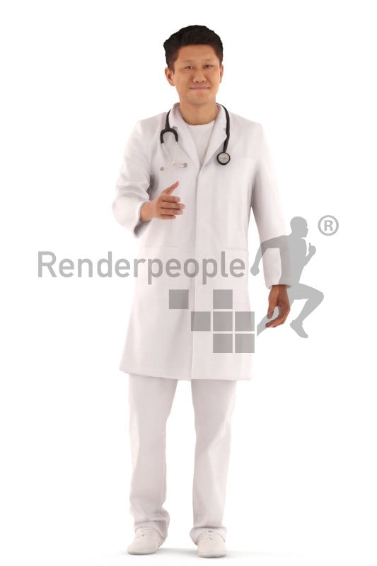 3d people service, hospital asian 3d man standing and shaking hands