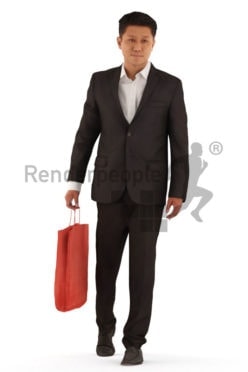 3d people business, asian 3d man walking and shopping