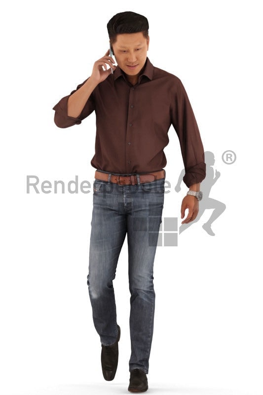 3d people casual, asian 3d man walking and calling someone