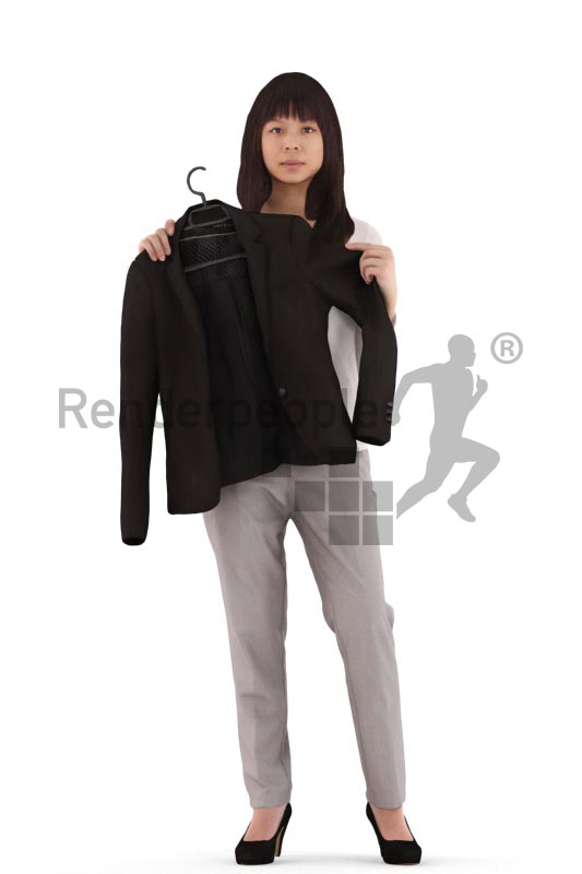 3d people casual, asian 3d woman standing holding a jacket up