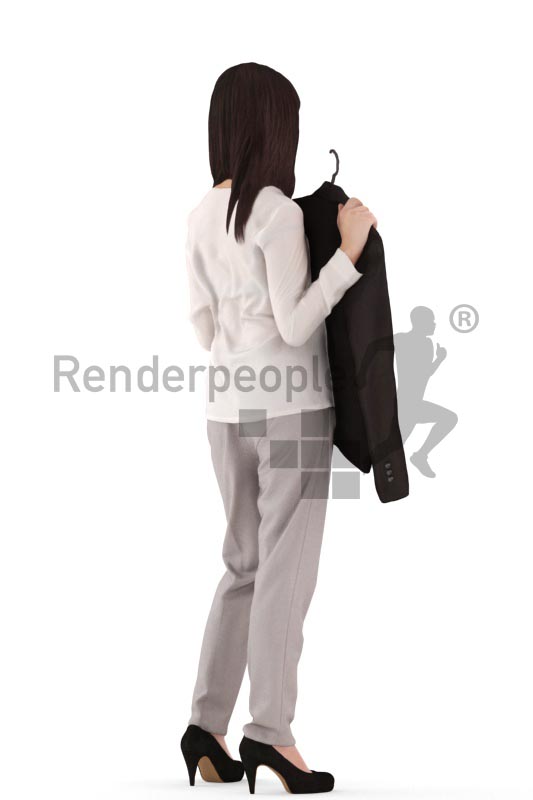3d people casual, asian 3d woman standing holding a jacket up