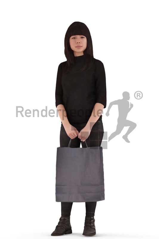 3d people casual, asian 3d woman standing holding a bag