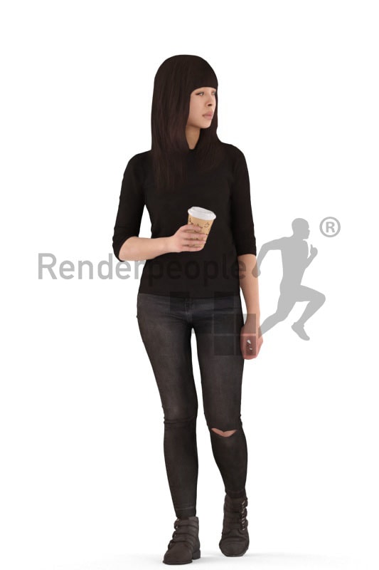 3d people casual, asian 3d woman walking drinking coffee