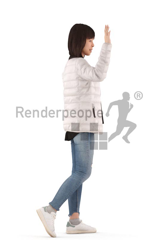 3d people casual, asian 3d woman walking and waving