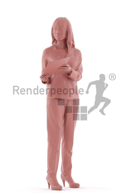 3d people business, asian 3d woman standing holding a clipboard