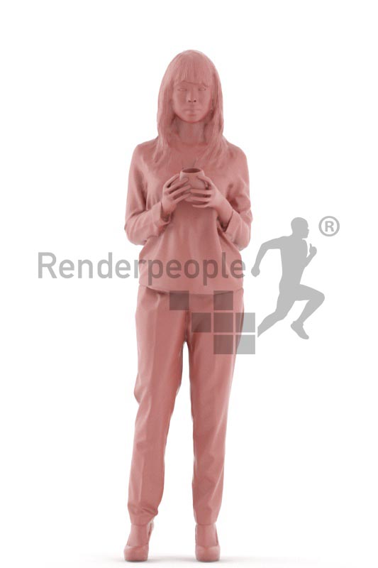 3d people business, asian 3d woman standing with a cup