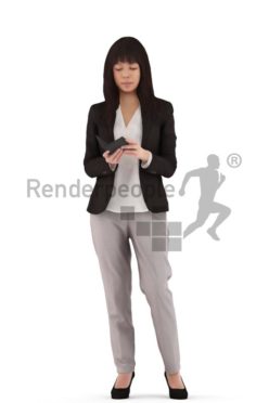 3d people business, asian 3d woman standing with her mobile phone
