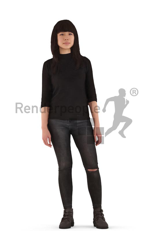 3d people casual, asian 3d woman standing and waiting