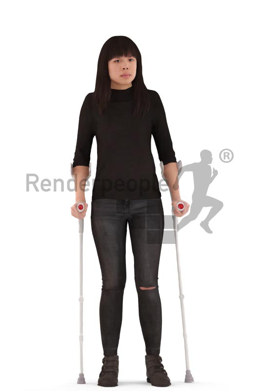 3d people casual, asian 3d woman walking on crutches