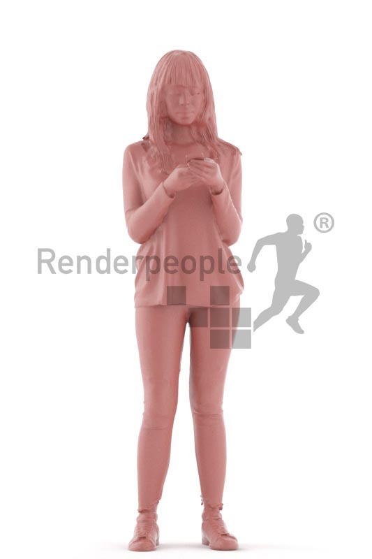 3d people casual, asian 3d woman standing and texting