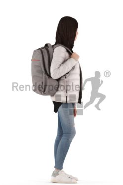 3d people casual, asian 3d woman standing with a bagpack
