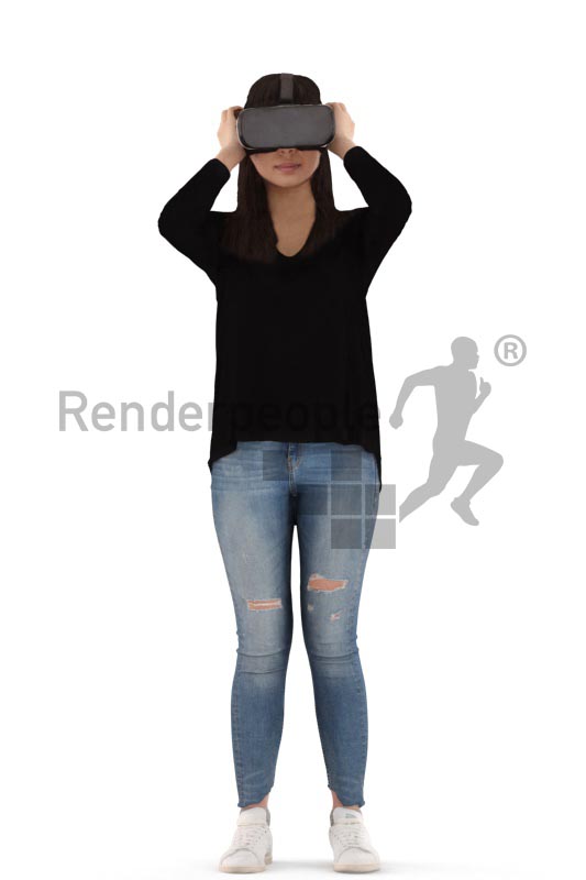 3d people casual, asian 3d woman standing with vr goggles