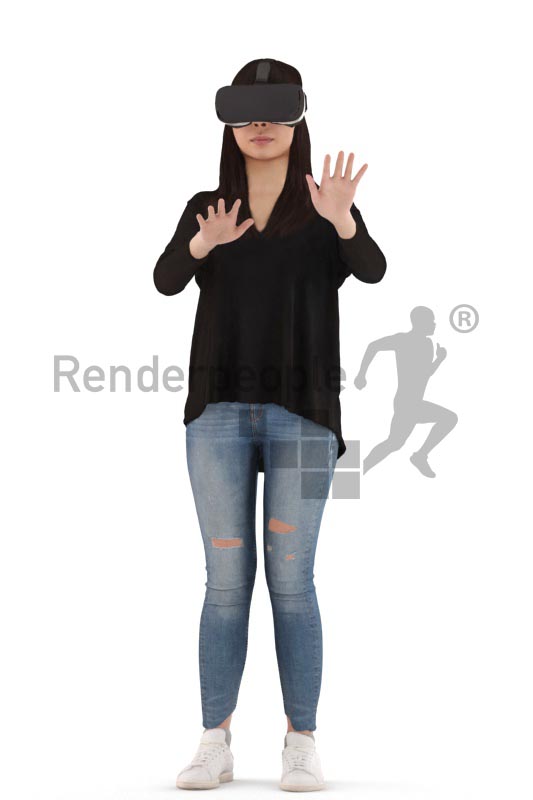 3d people casual, asian 3d woman standing with vr goggles