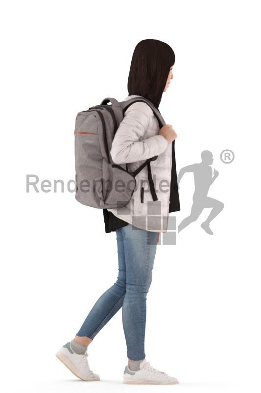 3d people casual, asian 3d woman walking with a bagpack