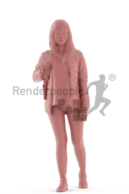 3d people casual, asian 3d woman walking with a bagpack