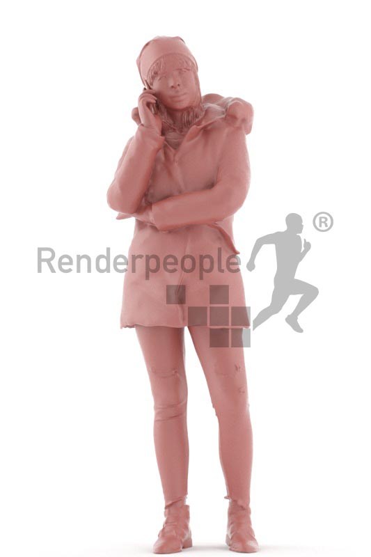 3d people outdoor, asian 3d woman standing and calling