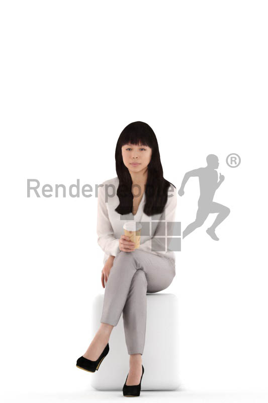 3d people casual, asian 3d woman sitting,drinking coffee